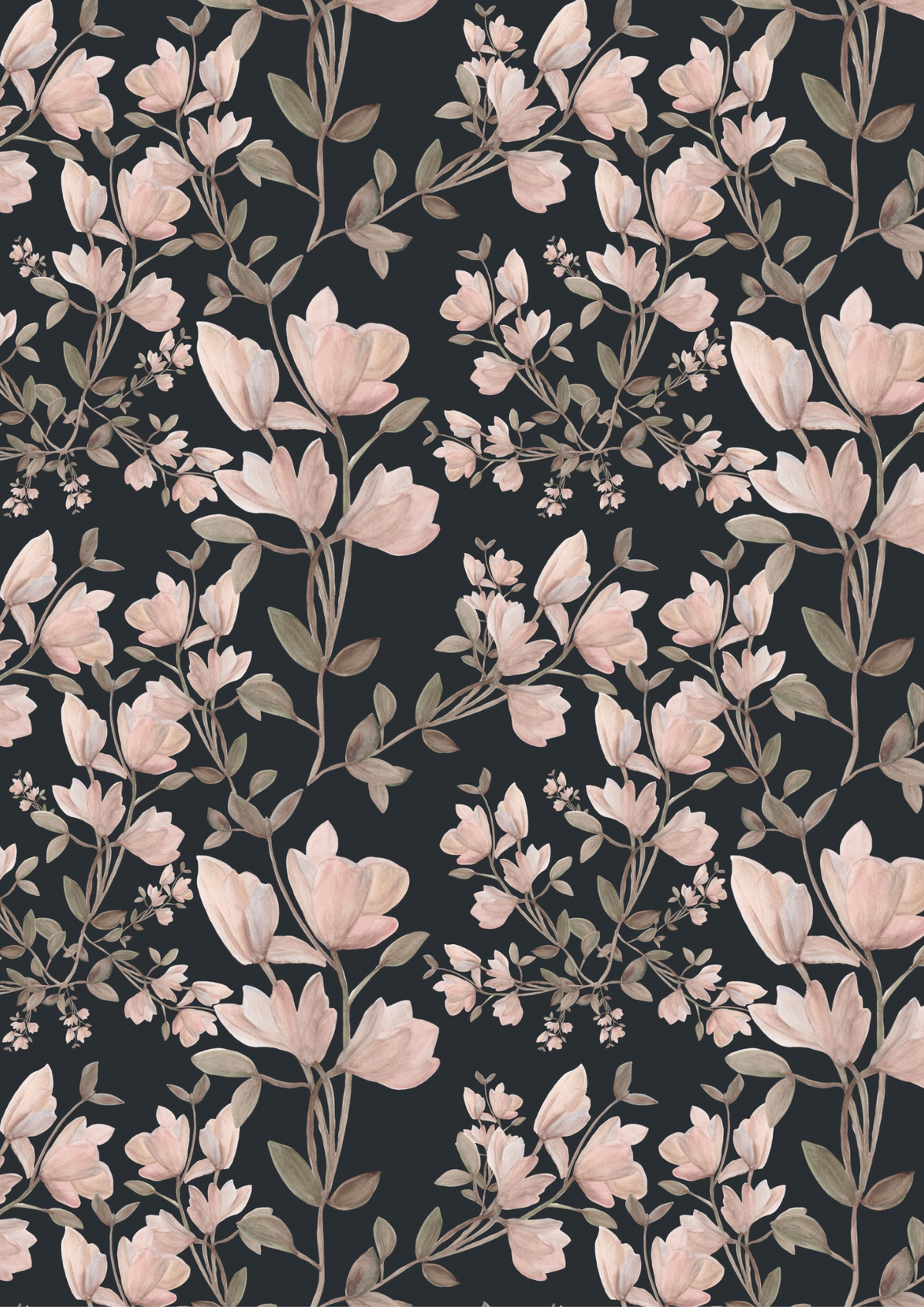 Tissu satin de coton Magnolias fond noir