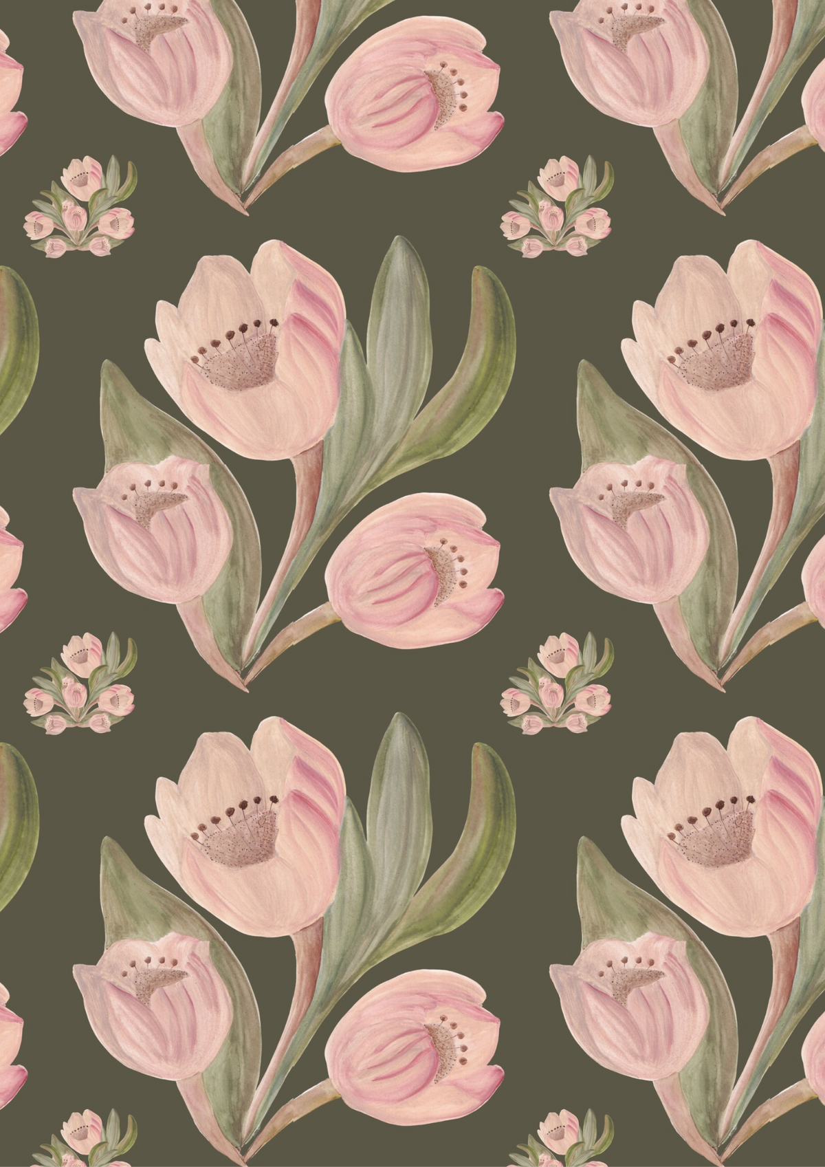 Tissu satin de coton Tulipes vieux rose fond vert sapin foncé