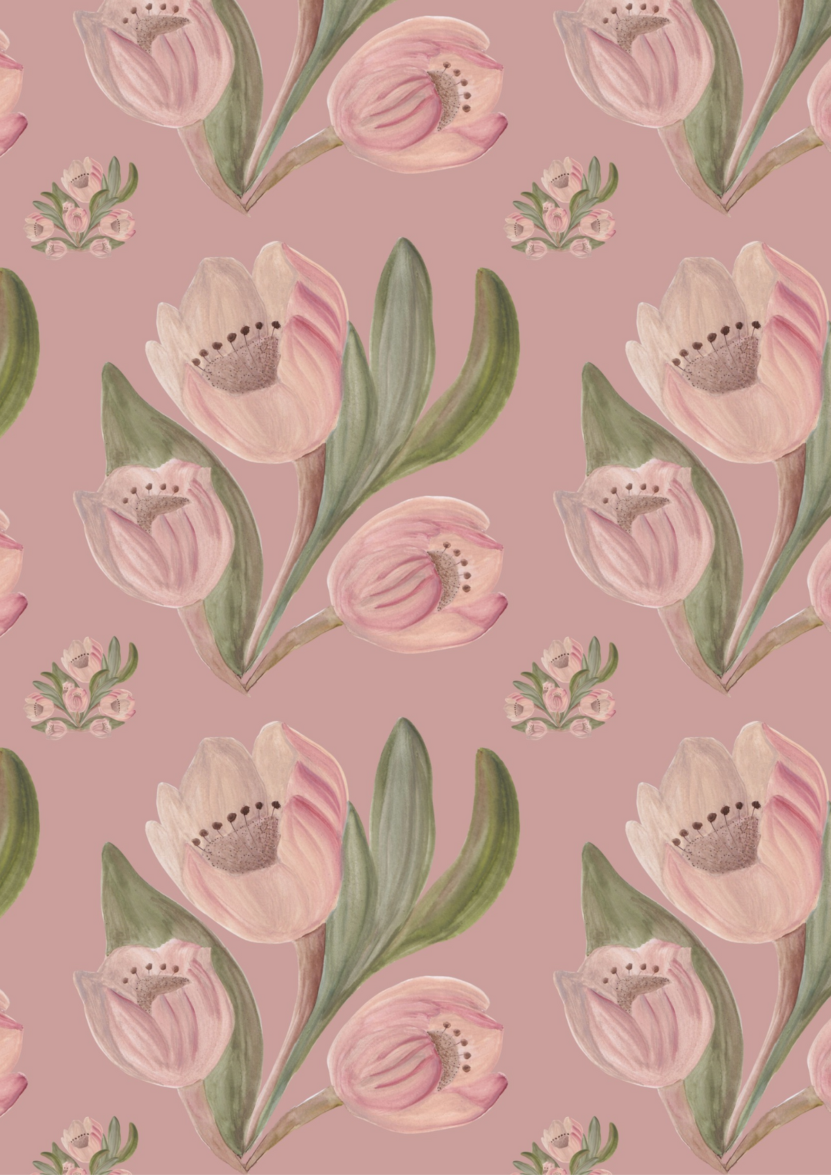 Tissu satin de coton Tulipes vieux rose fond vieux rose