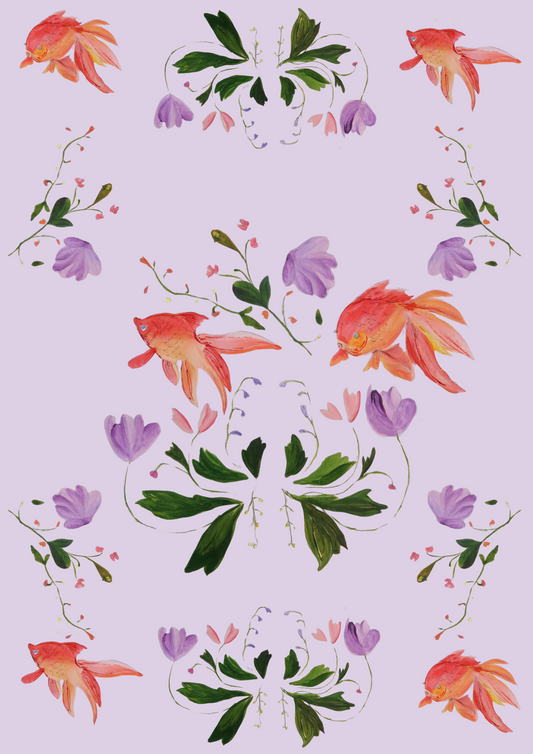 Affiche illustrée à motifs Poissons rouges et fleurs - Format A4