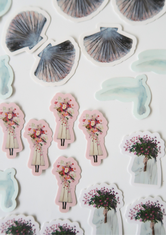 Stickers coquillage, bouquet de fleurs & oiseau bleu- Numéro 1