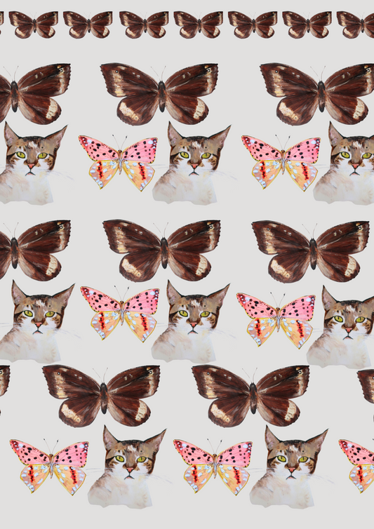 Affiche illustrée à motifs chat & papillon- Format A4